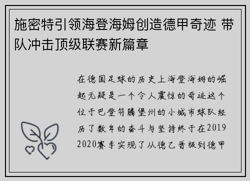 施密特引领海登海姆创造德甲奇迹 带队冲击顶级联赛新篇章 施密特引领海登海姆创造德甲奇迹 带队冲击顶级联赛新篇章